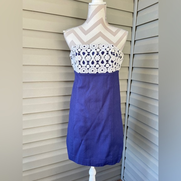 Lilly Pulitzer Betsey Navy Blue Floral Lace Applique Strapless Drees Sz 2 - Picture 2 of 8